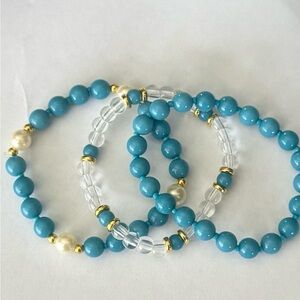 Chic Turquoise Blue and Gold Beaded Bracelet Trio